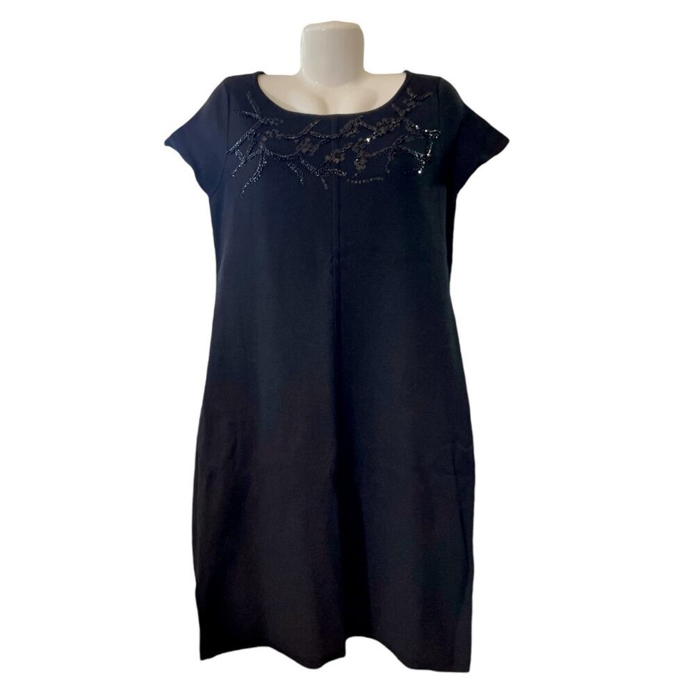Adrienne Vittadini Black Sequins Beads Short Sleeve Sweater Dress | Size M